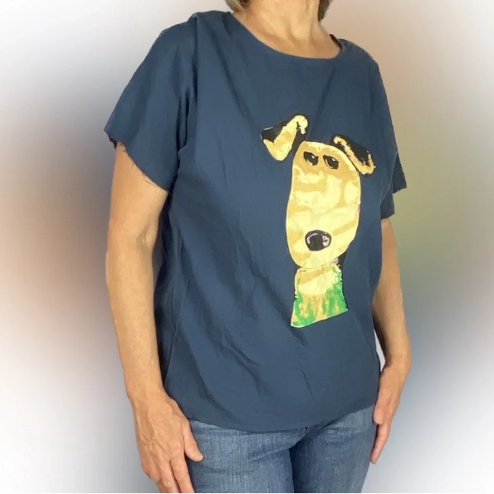 NWOT Cotton Dog scrub shirt puppy cartoon dog graphic raw hem sleeves popover